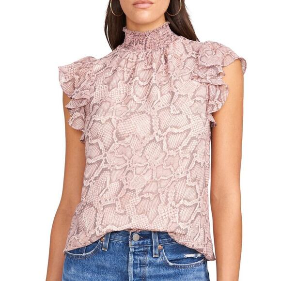 1. State Tops - 1.STATE Keyhole Flutter Sleeve Smocked Neck Silky Snake Ballet Dust Pink…
